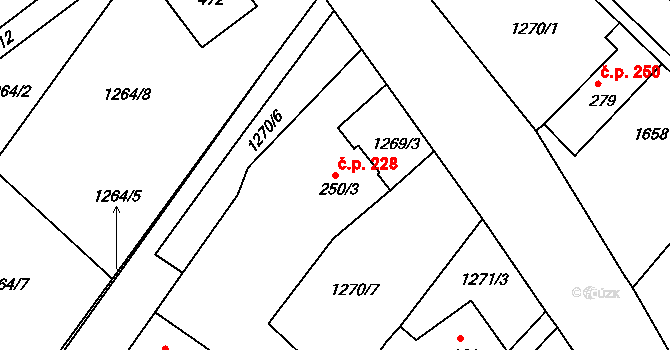 Údlice 228 na parcele st. 250/3 v KÚ Údlice, Katastrální mapa