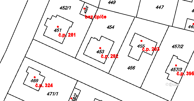 Satalice 282, Praha na parcele st. 453 v KÚ Satalice, Katastrální mapa