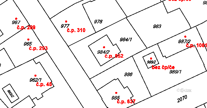 Uhříněves 852, Praha na parcele st. 984/2 v KÚ Uhříněves, Katastrální mapa