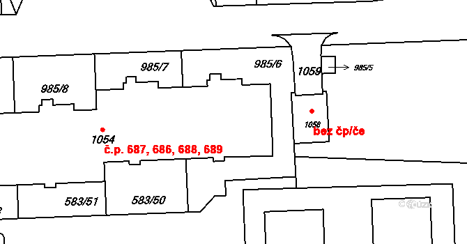 Háje 686,687,688,689, Praha na parcele st. 1054 v KÚ Háje, Katastrální mapa