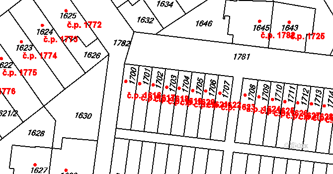 Smíchov 1619, Praha 15 na parcele st. 1703 v KÚ Smíchov, Katastrální mapa