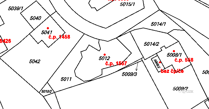 Chomutov 1557 na parcele st. 5012 v KÚ Chomutov I, Katastrální mapa