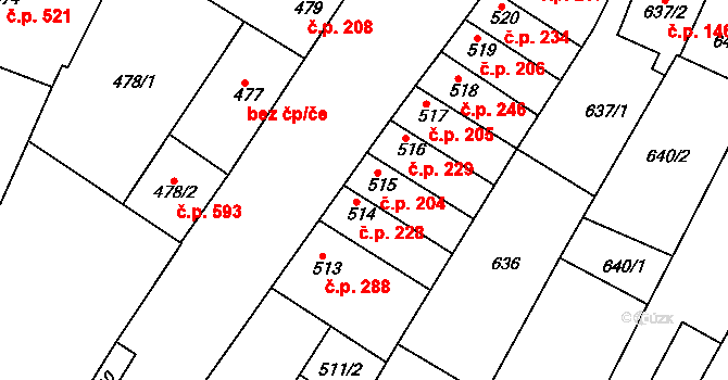 Blučina 204 na parcele st. 515 v KÚ Blučina, Katastrální mapa