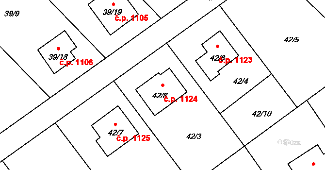 Ráj 1124, Karviná na parcele st. 42/8 v KÚ Ráj, Katastrální mapa