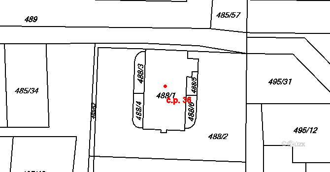 Bukovec 36, Plzeň na parcele st. 488/1 v KÚ Bukovec, Katastrální mapa