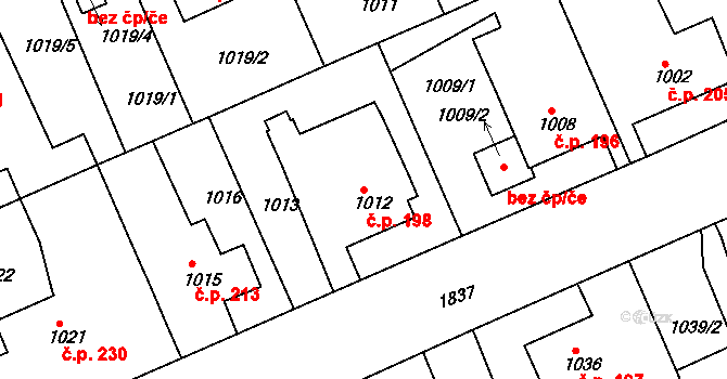 Černice 198, Plzeň na parcele st. 1012 v KÚ Bručná, Katastrální mapa