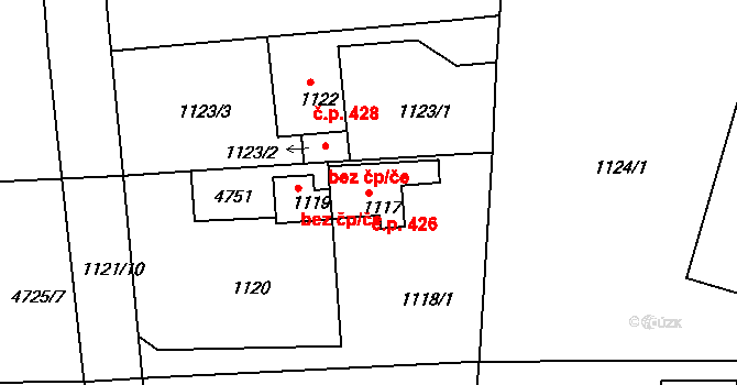 České Budějovice 3 426, České Budějovice na parcele st. 1117 v KÚ České Budějovice 3, Katastrální mapa