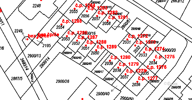 Rosice 1289 na parcele st. 2050 v KÚ Rosice u Brna, Katastrální mapa