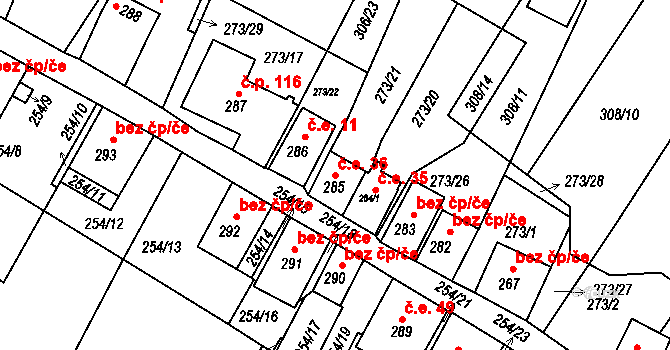 Hnanice 36 na parcele st. 285 v KÚ Hnanice, Katastrální mapa