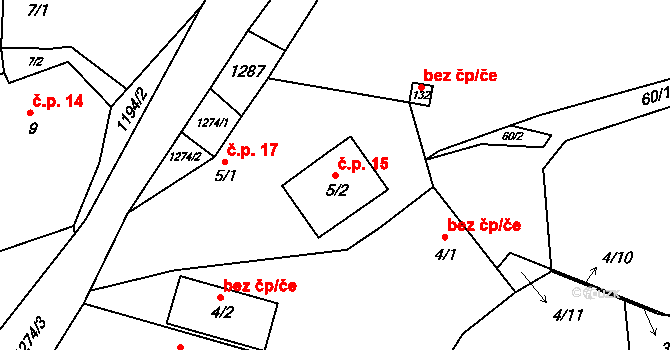 Božkovice 15, Bystřice na parcele st. 5/2 v KÚ Božkovice, Katastrální mapa