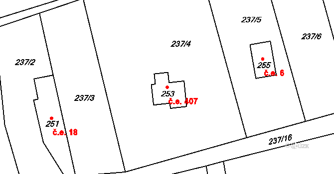 Řež 407, Husinec na parcele st. 253 v KÚ Husinec u Řeže, Katastrální mapa
