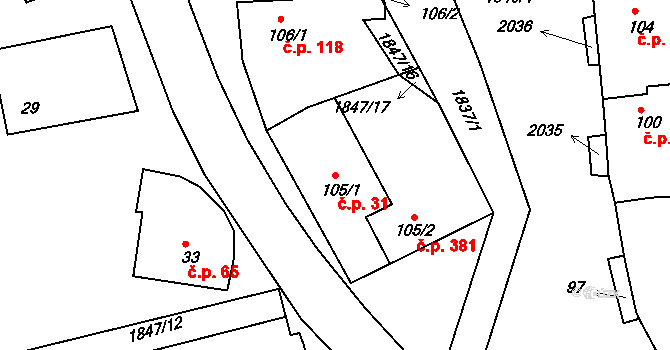 Tečovice 31 na parcele st. 105/1 v KÚ Tečovice, Katastrální mapa