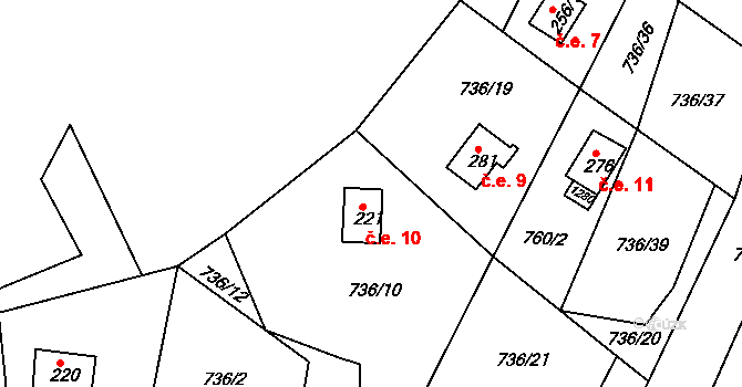 Podkopná Lhota 10 na parcele st. 221 v KÚ Podkopná Lhota, Katastrální mapa