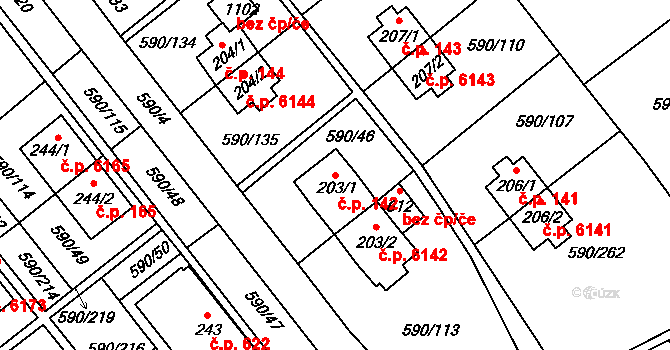 Mladcová 142, Zlín na parcele st. 203/1 v KÚ Mladcová, Katastrální mapa