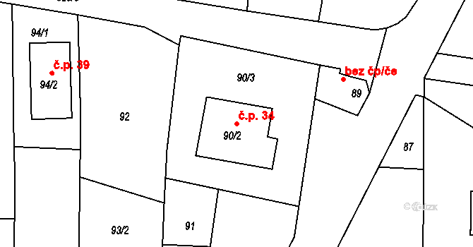 Vrbka 34, Služovice na parcele st. 90/2 v KÚ Vrbka u Opavy, Katastrální mapa
