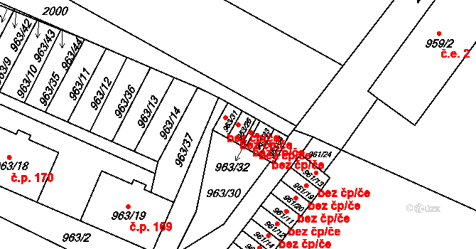 Hodonice 43286810 na parcele st. 963/26 v KÚ Hodonice, Katastrální mapa