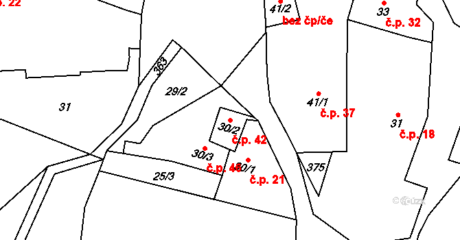 Kozomín 42 na parcele st. 30/2 v KÚ Kozomín, Katastrální mapa