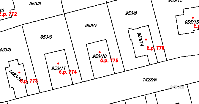 Hronov 775 na parcele st. 953/10 v KÚ Hronov, Katastrální mapa