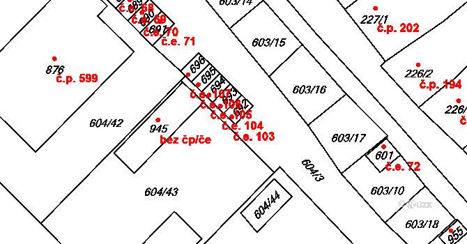 Lysice 104 na parcele st. 693 v KÚ Lysice, Katastrální mapa