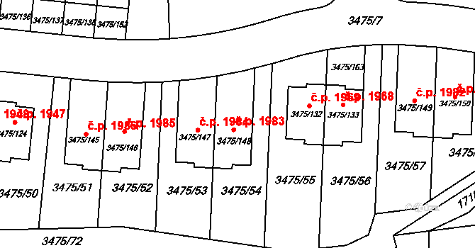 Úvaly 1983 na parcele st. 3475/148 v KÚ Úvaly u Prahy, Katastrální mapa
