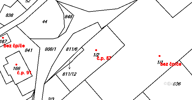 Mokré 57 na parcele st. 1/2 v KÚ Mokré, Katastrální mapa