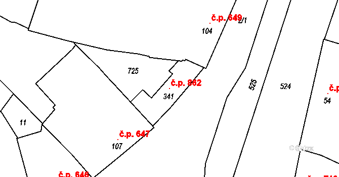 Loučany 862 na parcele st. 341 v KÚ Loučany na Hané, Katastrální mapa