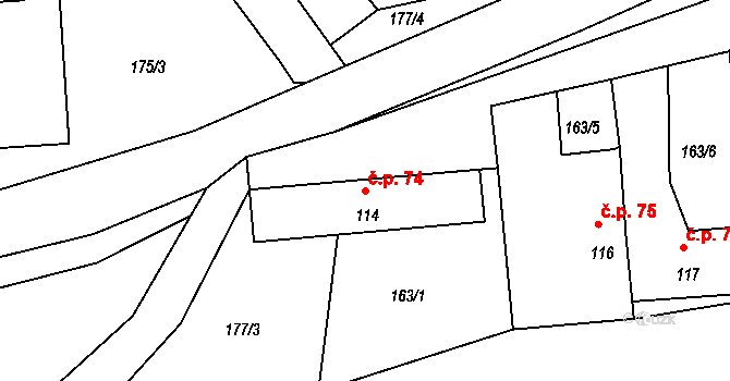 Hůrky 74, Lišov na parcele st. 114 v KÚ Hůrky u Lišova, Katastrální mapa