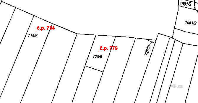 Blučina 779 na parcele st. 720/9 v KÚ Blučina, Katastrální mapa