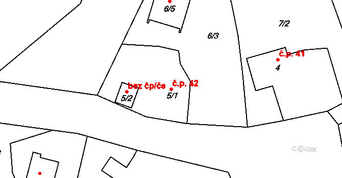 Hory 42 na parcele st. 5/1 v KÚ Hory u Jenišova, Katastrální mapa