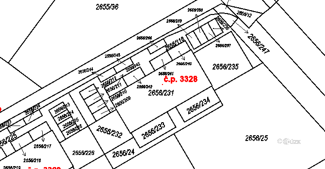 Teplice 3328 na parcele st. 2656/231 v KÚ Teplice, Katastrální mapa