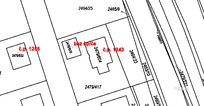 Třemošná 1343 na parcele st. 2479/604 v KÚ Třemošná, Katastrální mapa