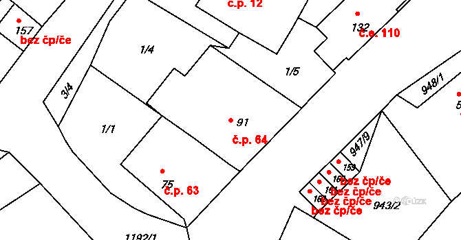 Růžená 64 na parcele st. 91 v KÚ Růžená, Katastrální mapa