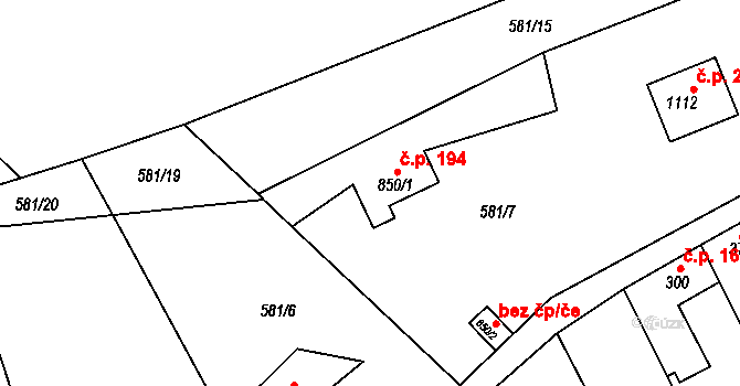 Olšany 194, Brandýsek na parcele st. 850/1 v KÚ Brandýsek, Katastrální mapa