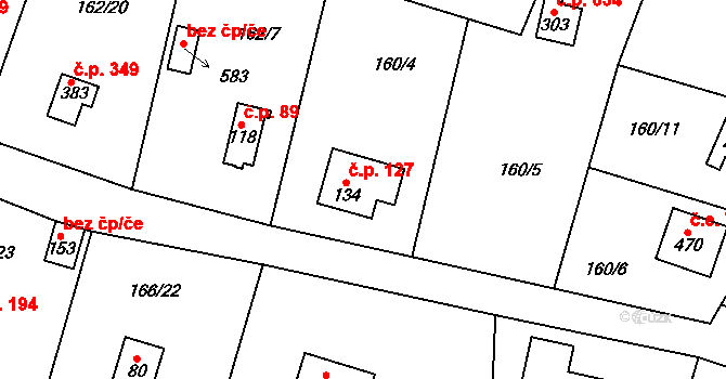 Březová 127, Březová-Oleško na parcele st. 134 v KÚ Březová u Zvole, Katastrální mapa