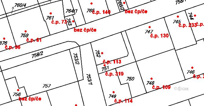 Hřebeč 113 na parcele st. 752 v KÚ Hřebeč, Katastrální mapa