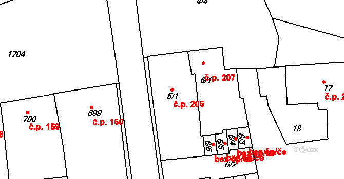 Ivanovice na Hané 206 na parcele st. 5/1 v KÚ Ivanovice na Hané, Katastrální mapa