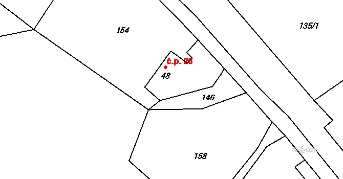Čaková 28 na parcele st. 48 v KÚ Čaková, Katastrální mapa