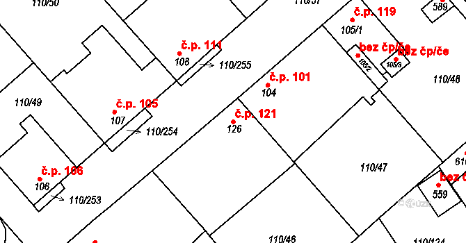 Mratín 121 na parcele st. 126 v KÚ Mratín, Katastrální mapa