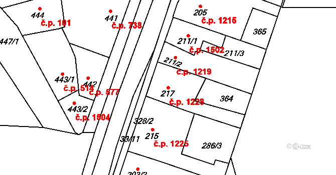Švermov 1228, Kladno na parcele st. 217 v KÚ Hnidousy, Katastrální mapa