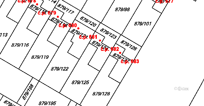 Kosmonosy 682 na parcele st. 879/124 v KÚ Kosmonosy, Katastrální mapa