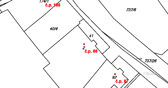 Stěžery 86 na parcele st. 2 v KÚ Stěžery, Katastrální mapa
