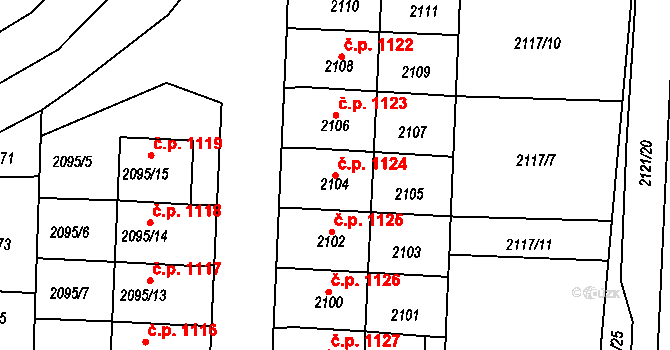 Hulín 1124 na parcele st. 2104 v KÚ Hulín, Katastrální mapa