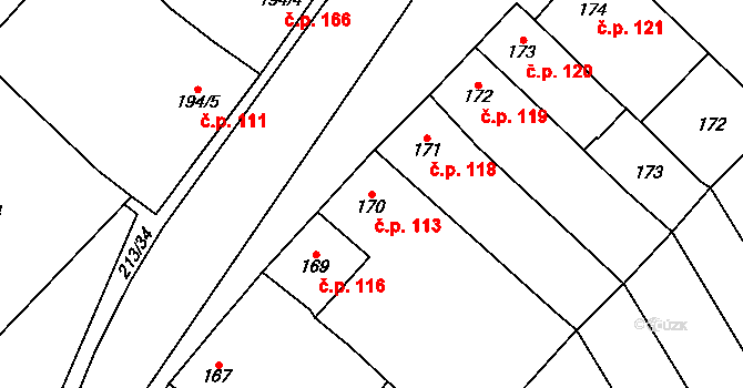 Hněvotín 113 na parcele st. 170 v KÚ Hněvotín, Katastrální mapa
