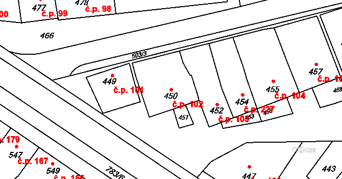 Křelov 102, Křelov-Břuchotín na parcele st. 450 v KÚ Křelov, Katastrální mapa