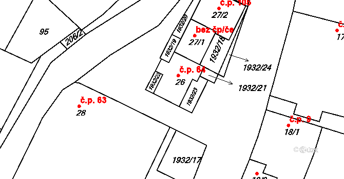 Rosovice 64 na parcele st. 26 v KÚ Rosovice, Katastrální mapa