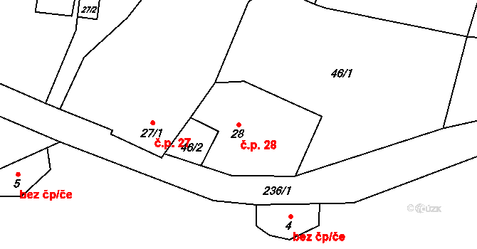 Ploskovice 28 na parcele st. 28/1 v KÚ Ploskovice, Katastrální mapa