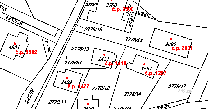 Rožnov pod Radhoštěm 1416 na parcele st. 2431 v KÚ Rožnov pod Radhoštěm, Katastrální mapa