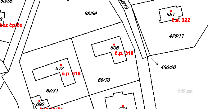 Senohraby 318 na parcele st. 596 v KÚ Senohraby, Katastrální mapa