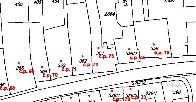 Stařečka 73, Třebíč na parcele st. 361 v KÚ Třebíč, Katastrální mapa