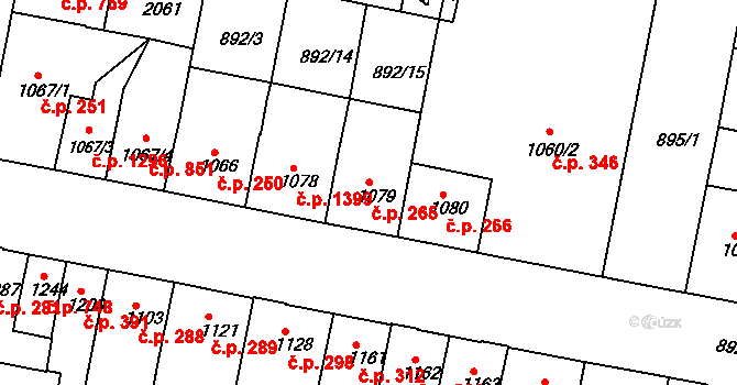 Horka-Domky 265, Třebíč na parcele st. 1079 v KÚ Třebíč, Katastrální mapa